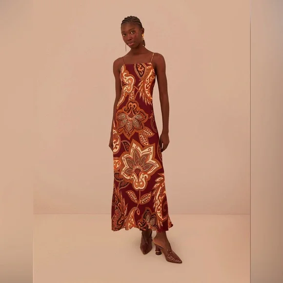 Farm Rio Burgundy Leopard Paisley Maxi Slip Dress - Picture 3 of 8